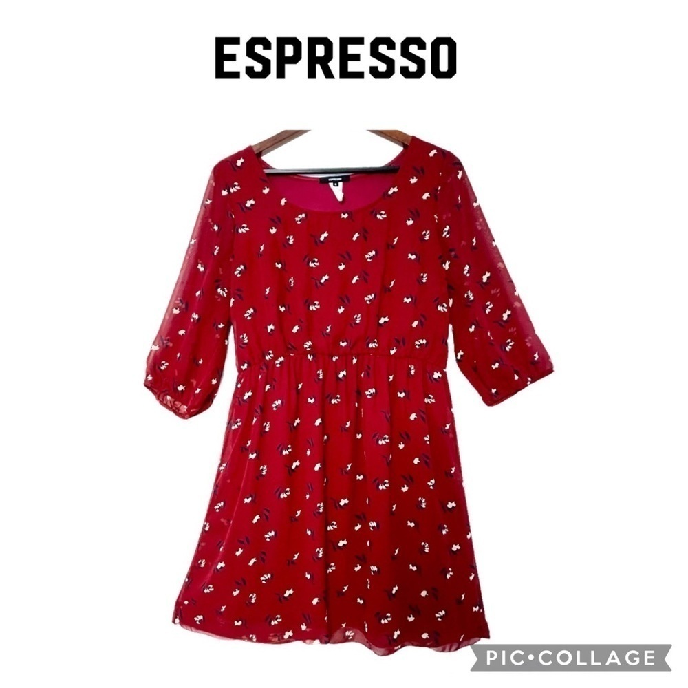 Espresso women chiffon 3/4 sleeves elastic waist sheath wine red dress size XL